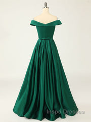 A-Line Green Off Shoulder Long Evening Prom Dress, Green Formal Evening Dress