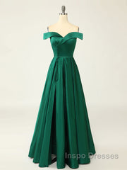 A-Line Green Off Shoulder Long Evening Prom Dress, Green Formal Evening Dress