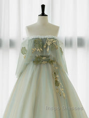 A-Line Green Tulle Lace Long Evening Prom Dress, Green Tulle Lace Long Formal Dress