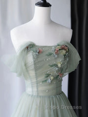 A-Line Green Tulle Long Evening Prom Dress, Green Formal Evening Dress