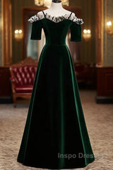 A-Line Green Velvet Spaghetti Straps Evening Prom Dress, Green Wedding Party Dress
