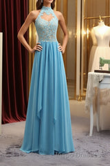 A Line High Neck Open Back Lace Chiffon Ruffles Blue Long Evening Prom Dress, Blue Lace Formal Dress, Blue Lace Graduation Dress