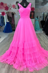 A line Illusion V Neck Layers Tulle Evening Prom Dress