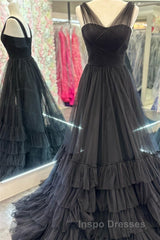 A line Illusion V Neck Layers Tulle Evening Prom Dress