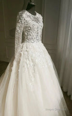 A-Line Long Sleeve Bell Beading Appliques Flower Zipper Keyhole Tulle Lace Dress