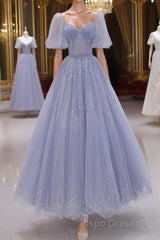 A-Line Long sleeves Beading Gray Blue Long Evening Prom Dress, Gray Blue Formal Dress