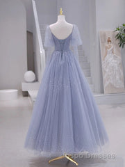 A-Line Long sleeves Beading Gray Blue Long Evening Prom Dress, Gray Blue Formal Dress