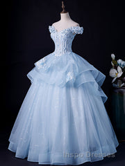 A-Line Off Shoulder Lace Tulle Blue Long Evening Prom Dress, Blue Sweet 16 Dress