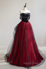 A-Line Off Shoulder Tulle Black/Burgundy Long Evening Prom Dress