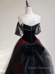 A-Line Off Shoulder Tulle Black/Burgundy Long Evening Prom Dress