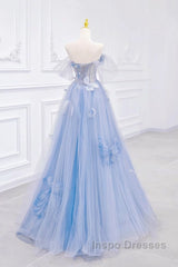 A-Line Off Shoulder Tulle Blue Long Evening Prom Dress, Blue Long Formal Dress