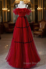 A-Line Off Shoulder Tulle Burgundy Long Evening Prom Dress, Burgundy Long Formal Dress
