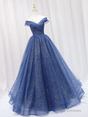A Line Off the Shoulder Shiny Blue Long Prom Dresses, Off Shoulder Shiny Blue Formal Evening Dresses
