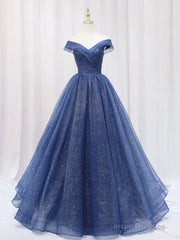 A Line Off the Shoulder Shiny Blue Long Prom Dresses, Off Shoulder Shiny Blue Formal Evening Dresses