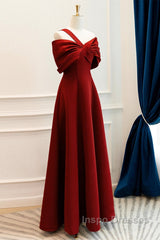 A-Line One Shoulder Satin Burgundy Long Evening Prom Dress, Burgundy Long Formal Dress