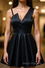 A Line One Shoulder Short Black Evening Prom Dress, Short Black One Shoulder Formal Graduation Dress