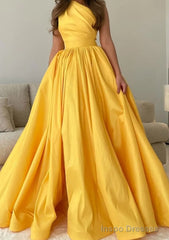 A-line One-Shoulder Sleeveless Sweep Train Satin Prom Dresses with Pleated