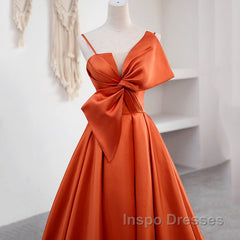 A Line Orange Satin Evening Prom Dress Sweet Bow Birthday Party Dress