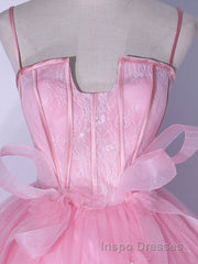 A-Line Pink Tulle Lace Long Evening Prom Dress, Pink Formal Dress