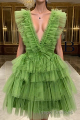 A Line Pink V Neck Tiered Homecoming Dress,Tulle Short Evening Prom Party Dress