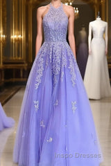 A-Line/Princess Halter Floor-Length Tulle Evening Prom Dress With Appliques Lace