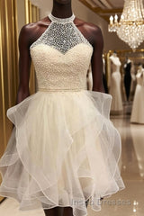 A-Line/Princess Halter Short/Mini Organza Homecoming Dress With Beading