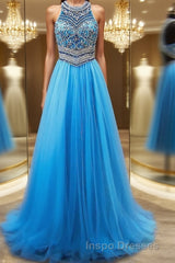 A-Line/Princess Jewel Sweep Train Tulle Evening Prom Dress With Beading