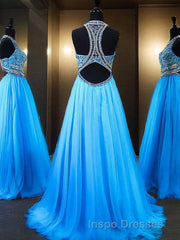 A-Line/Princess Jewel Sweep Train Tulle Evening Prom Dress With Beading