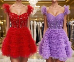 A-line/Princess Off-the-Shoulder Knee-Length Tulle Homecoming Dress with Cascading Ruffles