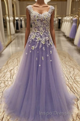 A-Line/Princess Scoop Floor-Length Tulle Evening Prom Dress With Appliques Lace