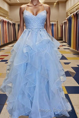 A-Line/Princess Spaghetti Straps Floor-Length Tulle Evening Prom Dress With Appliques Lace