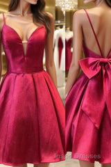 A-Line/Princess Spaghetti Straps Short/Mini Satin Homecoming Dress With Bow