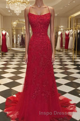 A-Line/Princess Spaghetti Straps Sweep Train Tulle Evening Prom Dress With Appliques Lace