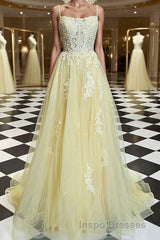 A-Line/Princess Spaghetti Straps Sweep Train Tulle Evening Prom Dress With Appliques Lace