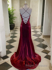 A-Line/Princess Spaghetti Straps Sweep Train Velvet Evening Prom Dress With Leg Slit