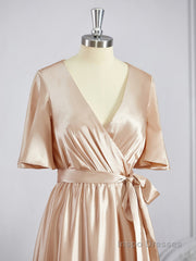 A-Line/Princess V-neck Floor-Length Silk like Satin Bridesmaid Dresses with Belt/Sash