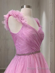 A-Line/Princess V-neck Sweep Train Organza Evening Prom Dress With Ruffles