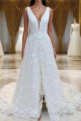 A-Line/Princess V-neck Sweep Train Stretch Crepe Wedding Dress With Leg Slit