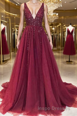 A-Line/Princess V-neck Sweep Train Tulle Evening Prom Dress With Ruffles