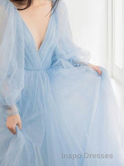 A-Line/Princess V-neck Sweep Train Tulle Evening Prom Dress With Ruffles