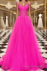A-Line/Princess V-neck Sweep Train Tulle Evening Prom Dress With Ruffles
