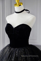 A-Line Evening Prom Dress Black Dress Dress Formal Birthday Floor Length Sleeveless Strapless Tulle With Ruched Sequin