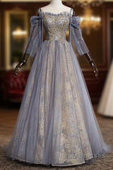 A-Line Evening Prom Dress Dress Wedding Floor Length Strap Tulle With Sequin Embroidery