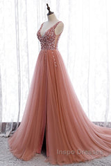 A-Line Evening Prom Dress Elegant Dress Party Wear Court Train Sleeveless V Neck Polyester With Pearls Embroidery