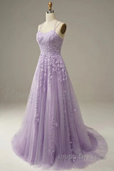 A-Line Evening Prom Dress Floral Dress Formal Sleeveless Strap Tulle With Appliques
