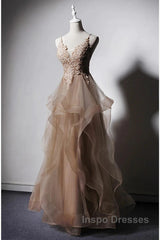 A-Line Evening Prom Dress Open Back Dress Formal Wedding Party Floor Length Sleeveless Spaghetti Strap Lace With Ruffles Appliques