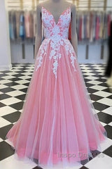 A-Line Evening Prom Dress Princess Dress Formal Floor Length Sleeveless V Neck Tulle With Pleats Appliques
