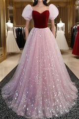 A-Line Evening Prom Dress Princess Dress Evening Prom Floor Length Short Sleeve Sweetheart Tulle With Sequin