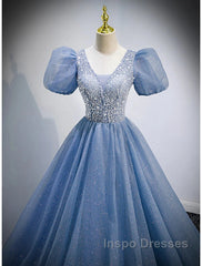A-Line Evening Prom Dress Puffy Dress Quinceanera Floor Length Short Sleeve V Neck Tulle With Sequin