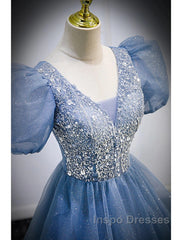 A-Line Evening Prom Dress Puffy Dress Quinceanera Floor Length Short Sleeve V Neck Tulle With Sequin